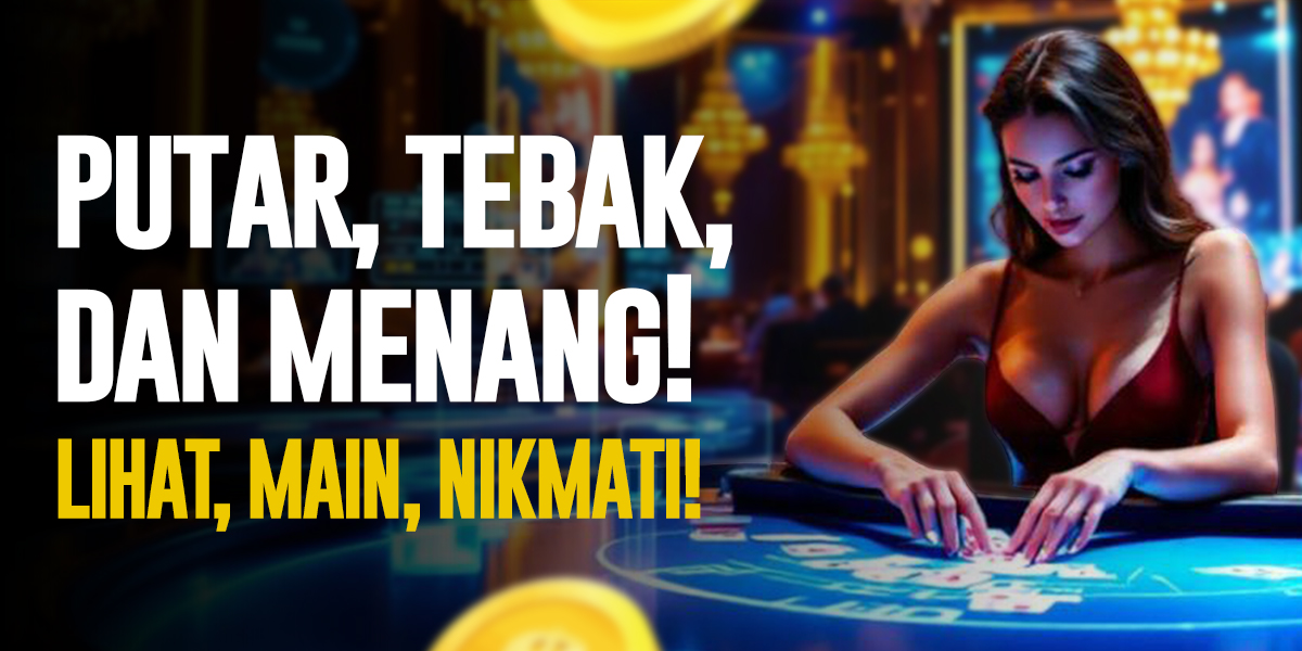 Seorang wanita berpakaian merah duduk di meja permainan kasino sambil fokus mengatur kartu dalam atmosfer lampu mewah yang glamor.